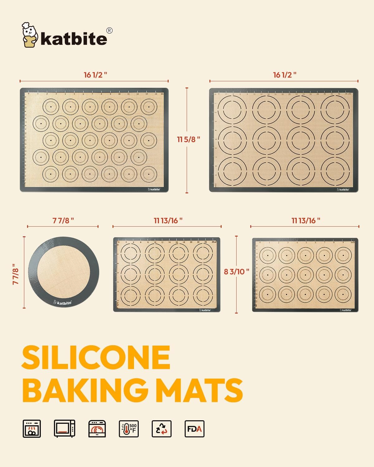 Silicone Baking Mat Set of 5, Katbite Food Grade Non-stick Reusable Cookie Sheet Bakeware Mats for Making Macaron, Cookie, Pizza, Pastry