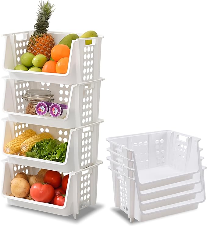 TidyFriend Large Stackable Storage Bins for Pantry - 4 Pack, Stackable Bins For Organizing Food, Kitchen, and Bathroom Essentials (White)