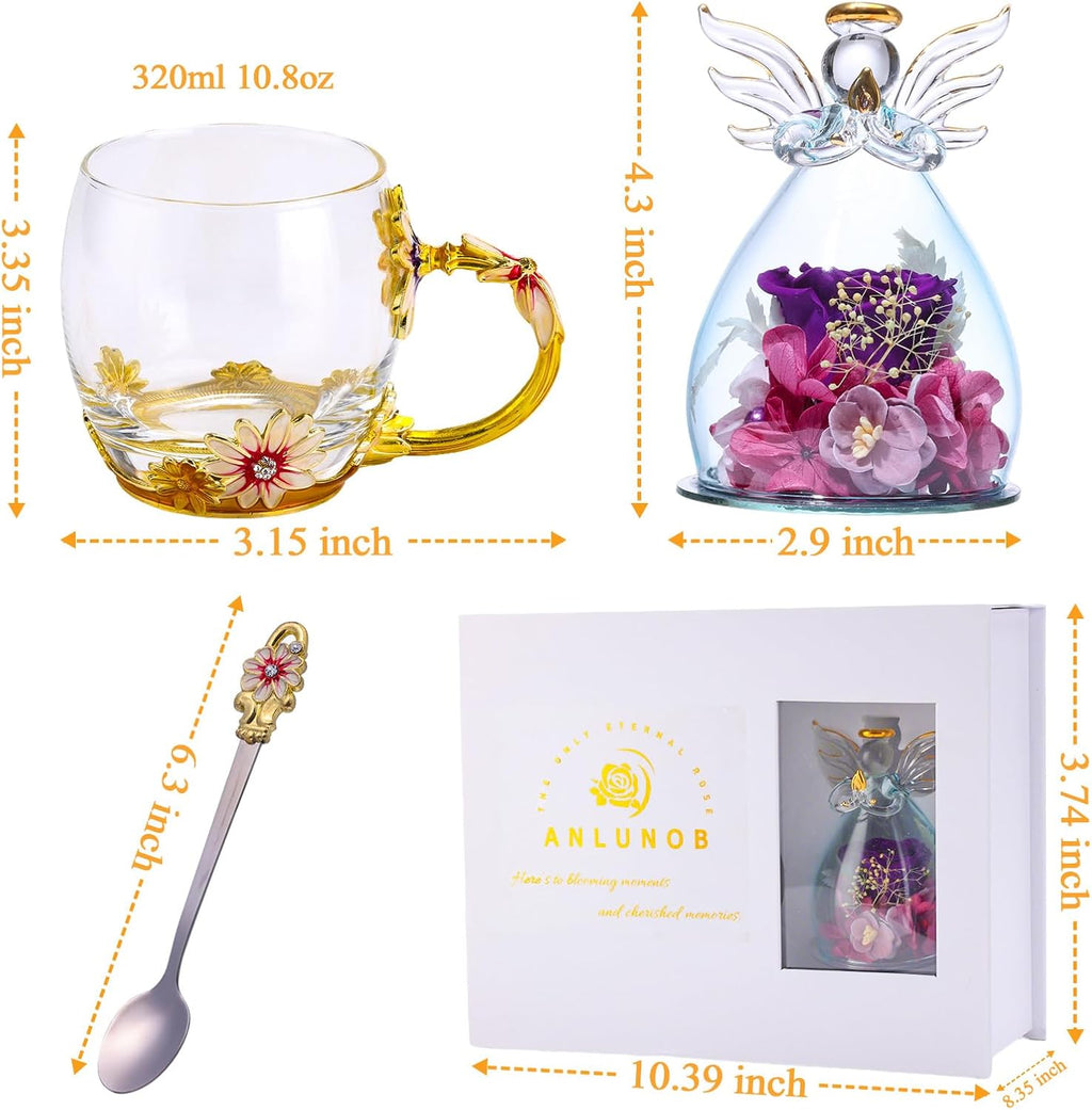 ANLUNOB Preserved Flower Rose in Angle Tea Coffee Mug with Spoon Artisan Enamel Glass Tea Cup Elegant Floral Design Birthday Anniversary Mother Day Valentines Gifts for women mom grandma friends