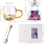 ANLUNOB Preserved Flower Rose in Angle Tea Coffee Mug with Spoon Artisan Enamel Glass Tea Cup Elegant Floral Design Birthday Anniversary Mother Day Valentines Gifts for women mom grandma friends