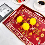 Boho Red Decorative Tray, Serving Tray with 4 Handles, Plastic Tray for Coffee Table, Ottoman - Ideal for Living Room & Bathroom. 15” x 11” x 1.9”