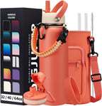 40 oz Stainless Steel Water Bottles with Straw and Auto Spout Lids, Wide Mouth Metal Thermo Bottles for Gym, Leak Proof & BPA-Free Water Flask Jug with Paracord Handle & Carrier Bag with Strap