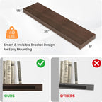 Floating Shelves for Wall, 36" W x 8" D x 1.5" H, Wooden Wall Mounted Display Shelves with Invisible Brackets for Living Room, Bedroom, Bathroom, Kitchen Decor and Storage, Set of 2, Walnut