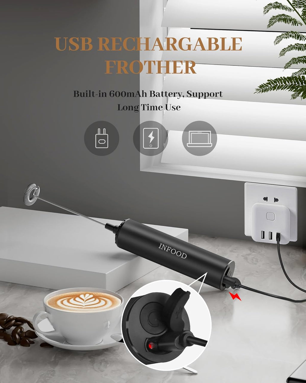 Milk Frother Rechargeable with Cover - Coffee Frother Wand, Drink Mixer Handheld with 2 Detachable Stainless Whisks 2 Speed Adjustable for Latte, Cappuccino, Hot Chocolate, Egg, Black