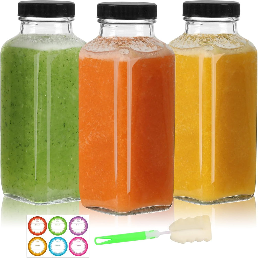 12 oz Glass Juice Bottles with Lids 3 Pack,Reusable Glass Drink Bottles,350ml Water Drinking Jars for Milk,Juicing,Kombucha,Ginger,Beverage Glassware,Juice Drinking Jars