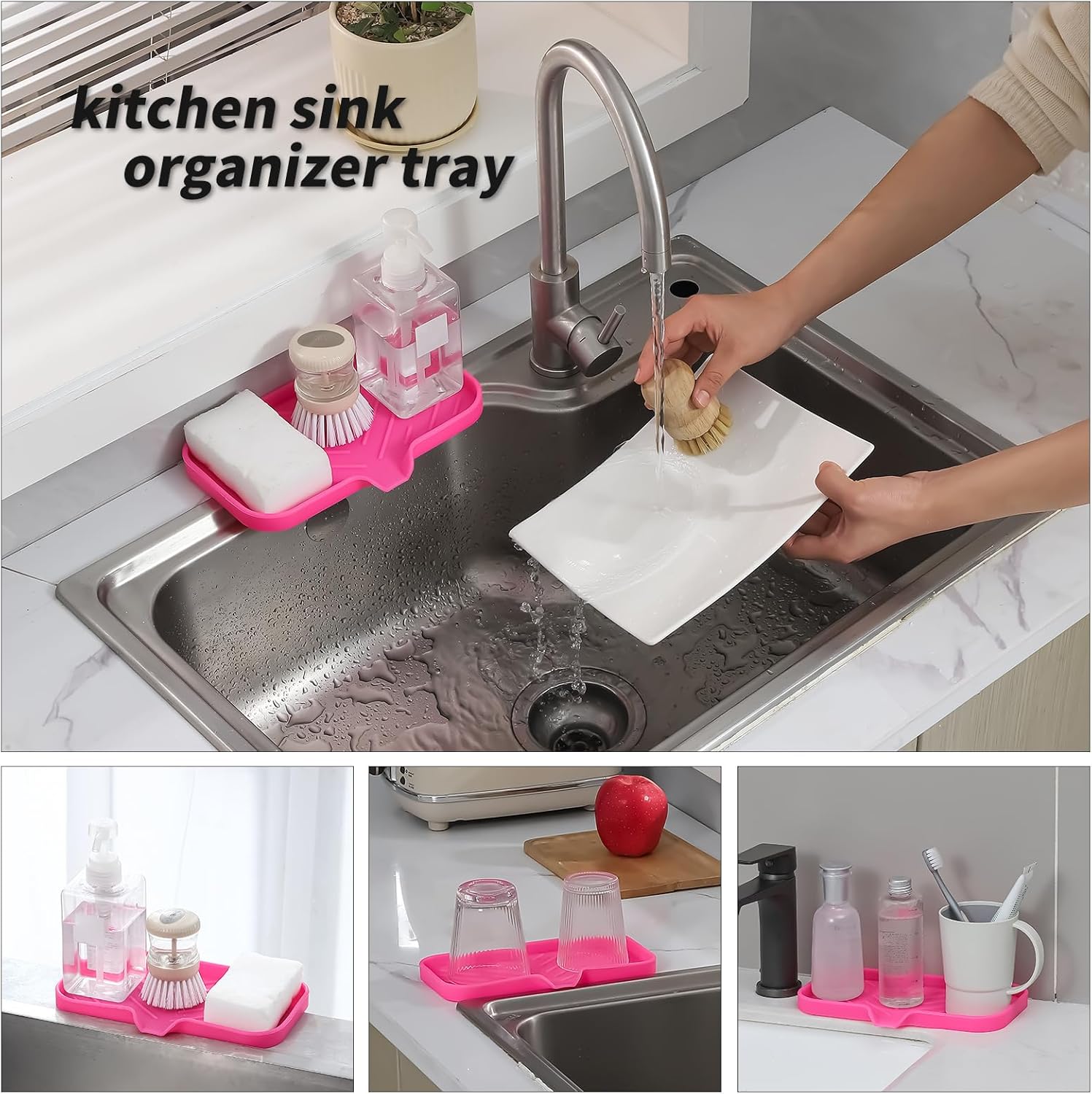 Silicone Bathroom Soap Dishes with Drain Spout-Bathroom and Kitchen Sink Organizer,Sponge Holder,Dish Soap Tray,Perfect for Dispenser,Scrubber,Bottle,Cup on Sink or Counter-Rose 9.6"×5.3"