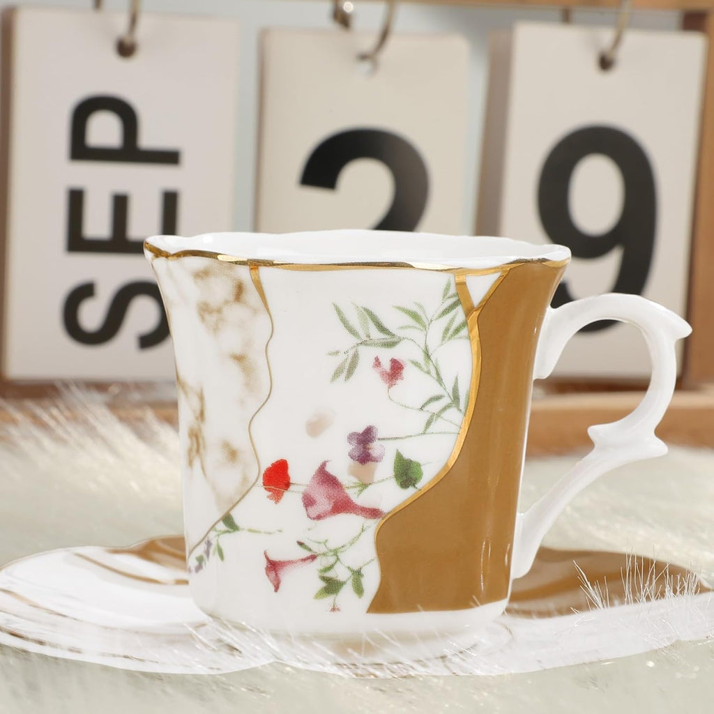 fanquare 2.5 Ounce Demitasse Cup and Saucers, 12 Pieces Ceramic Espresso Cups Set of 6, Brown Marble Pattern Espresso Mugs for Coffee Bar Home