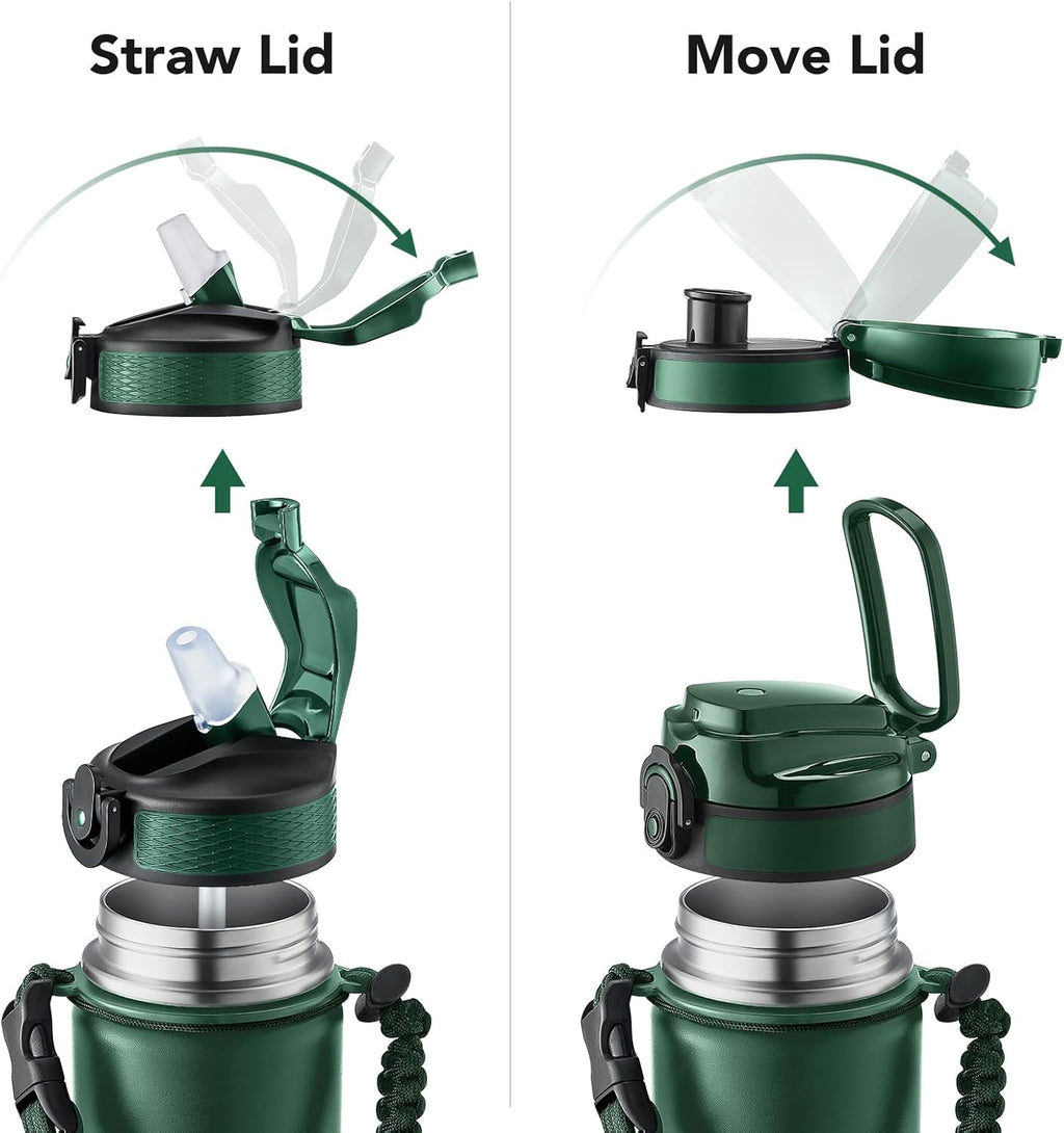 GOSWAG Insulated Sports Water Bottle, 24oz 2 Lids(with Straw/No Straw), Stainless Steel Water Bottles with Paracord Handle, Insulated Bottle with Double-Wall Vacuum Insulation