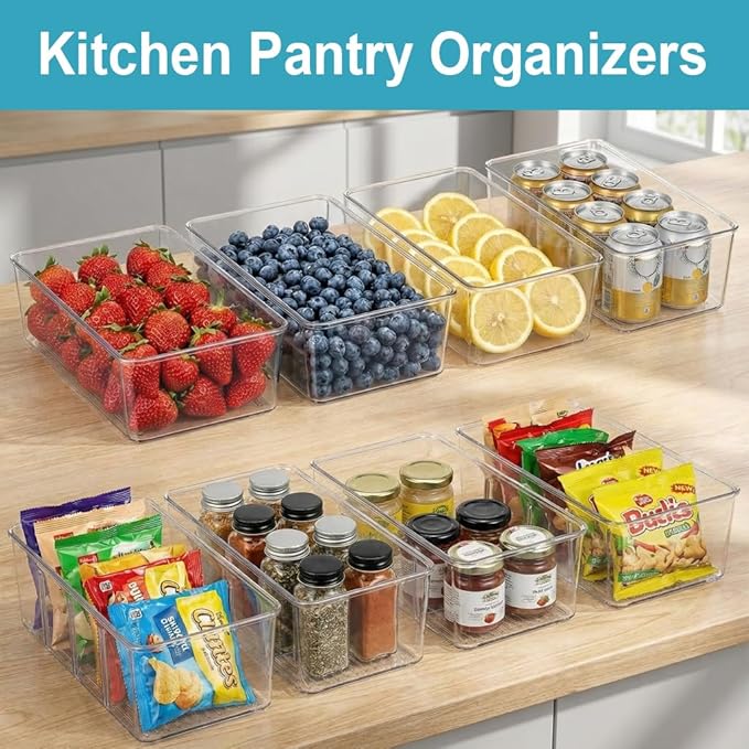 Set of 8 Clear Plastic Storage Bins, 2 kinds size Pantry Organizers for Refrigerator,Fridge,Freezer Organization and Storage,Kitchen Storage Containers for Packets, Snacks, Pouches, Spice Packets