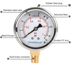 Glycerin Filled Low Pressure Gauge 15psi/1bar, Stainless Steel case, Brass Inside Construction, 2-1/2" dial, 1/4" NPT Rear Connection.