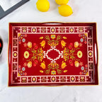 Boho Red Decorative Tray, Serving Tray with 4 Handles, Plastic Tray for Coffee Table, Ottoman - Ideal for Living Room & Bathroom. 15” x 11” x 1.9”