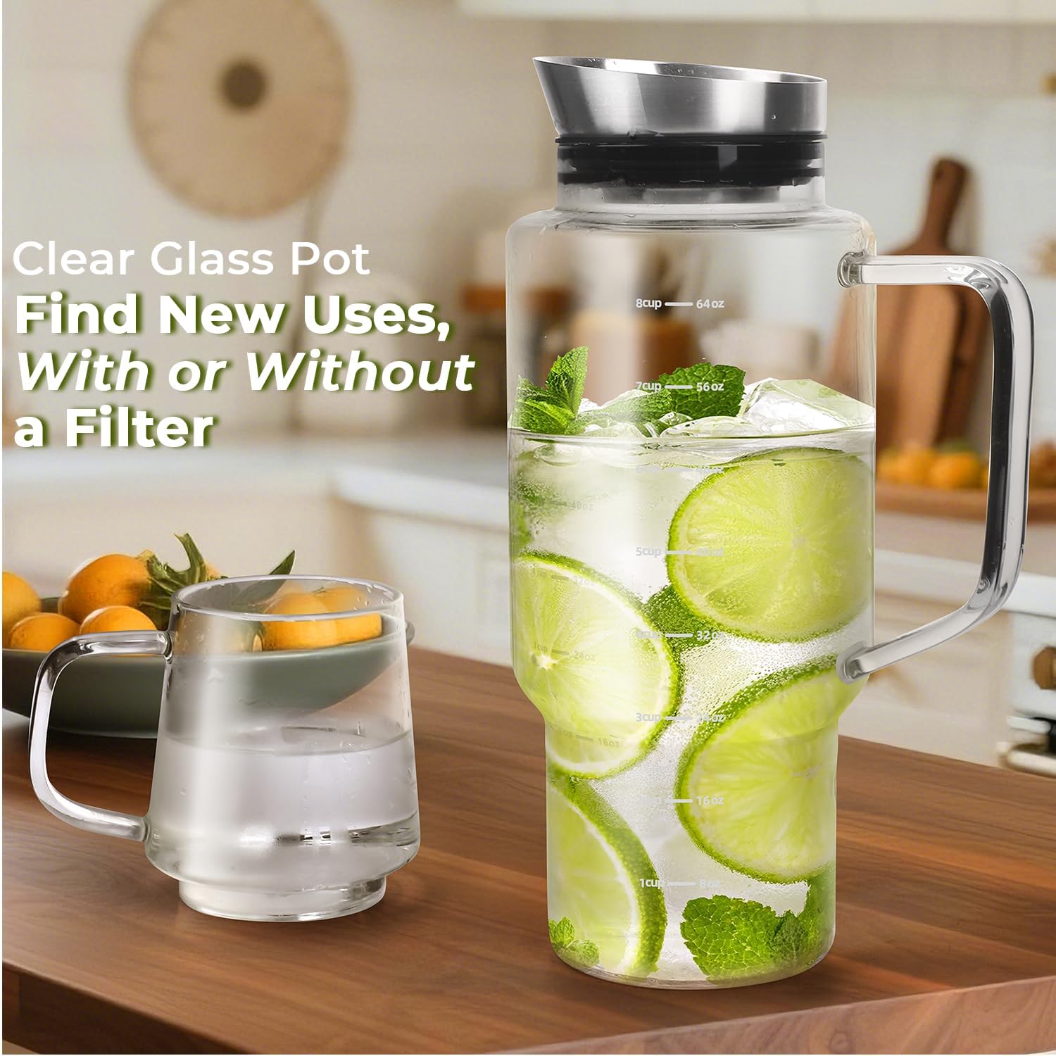 Aquach 68oz Cold Brew Coffee Tea Maker, Glass Pitcher & Stainless Steel Filter, Dishwasher Safe Iced Coffee Tea Maker with Airtight Lid and Large Handle