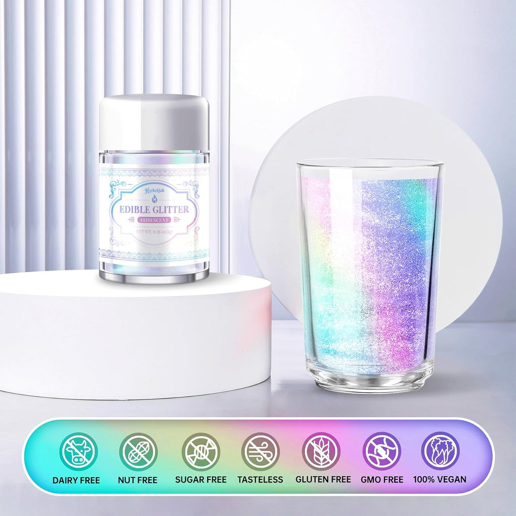 Iridescent Edible Glitter for Cocktails - Herbeklab Rainbow Luster Dust Edible Iridescent Drink Glitter Food Grade Shimmer Powder for Beverage Chocolate, 5g