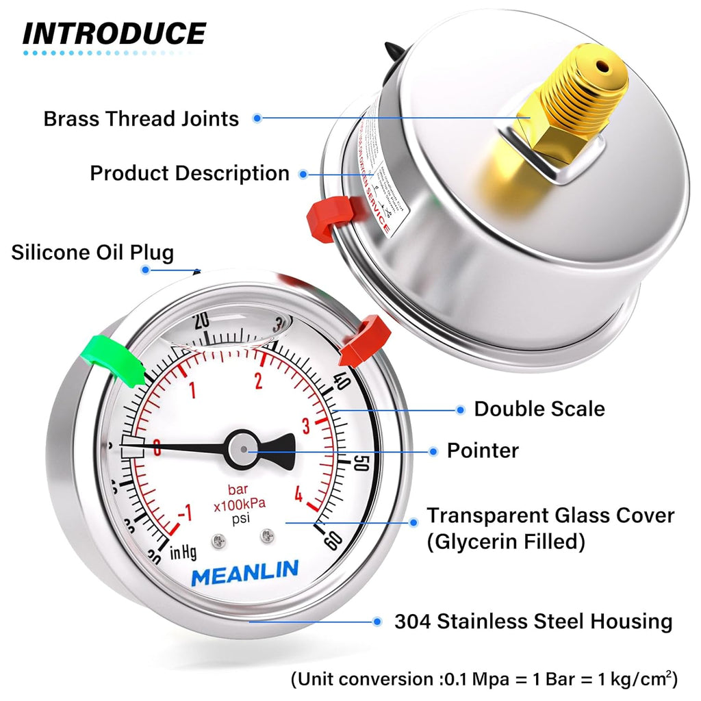MEANLIN MEASURE -30inHG~60Psi Vacuum Pressure Gauge 1/8" NPT 2.5" FACE DIAL, Stainless Steel Liquid Filled Pressure Gauge WOG Water Oil Air Center Back Mount (with 2PCS Snaps)