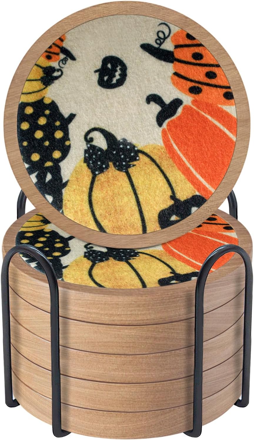 Fall Coaster Set of 6 Cewiru Halloween Coasters for Drinks Absorbent Cup Mats for Table Protection Unique Halloween Round Coasters for Coffee Table Kitchen Decor 4.3"
