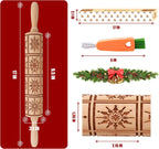17" Premium Wood Rolling Pin with Snowflake Embossed Designs | 3mm Deep Springerle Cookie Molds | Christmas Rolling Pin & Baking Gifts for Women | Includes 3-in-1 Cleaning Brush