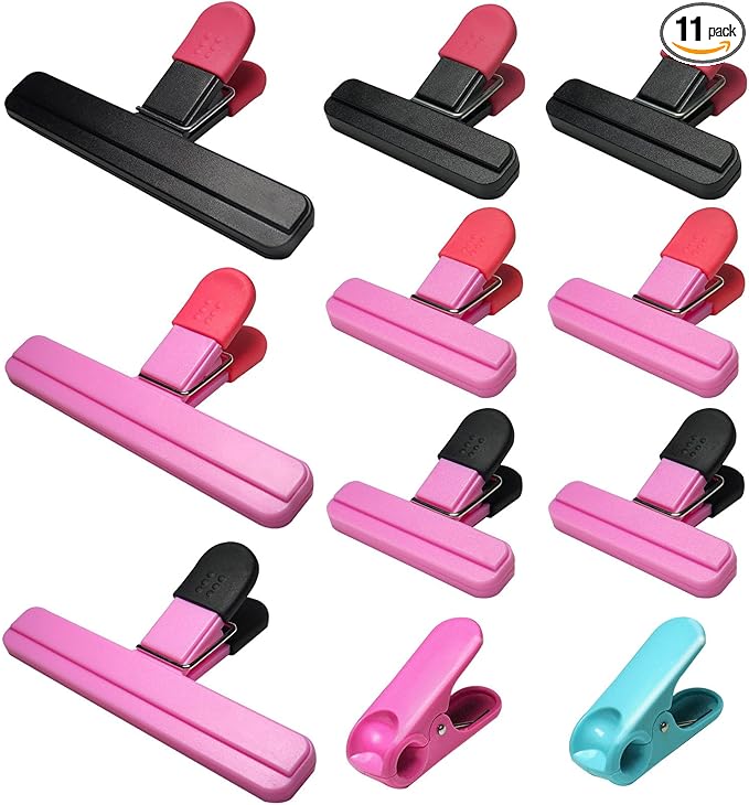 11 Pack Chip Clips Food Bag Clips for Food Packages Chips Storage Bags Heavy Duty Snack Kitchen Potato (3 Large, 6 Small & 2 Round, Black Pink)