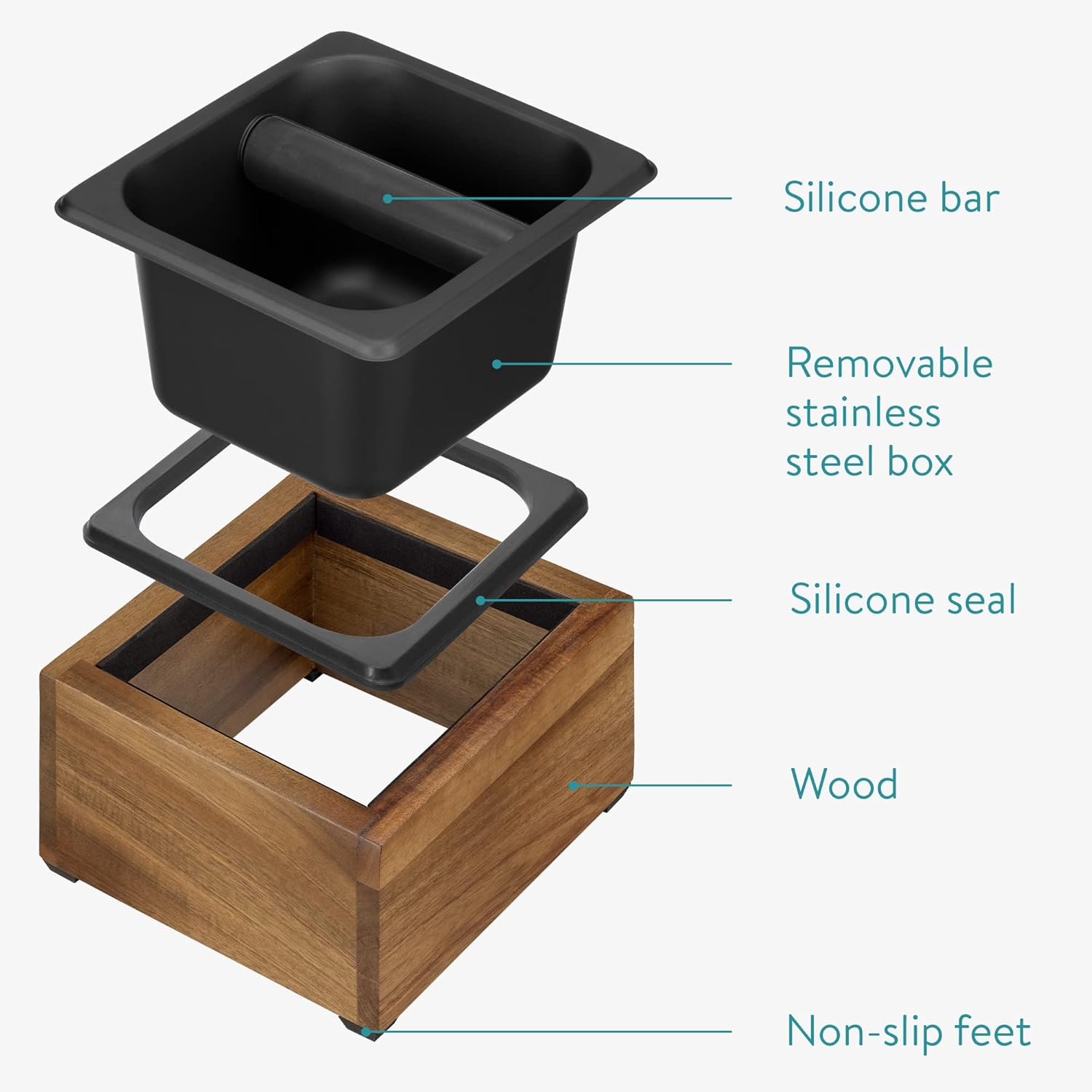 Navaris Coffee Knock Box - Stainless Steel and Wood Bin for Espresso Machine Coffee Grounds - With Silicone Bar for Knocking Filter Grinds - Black