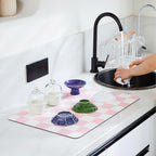 Checkered Dish Drying Mat for Kitchen Counter, Coffee Bar Station Accessories, Retro Cute Aesthetic Girly Women Modern Absorbent Drainer Mat Kitchen Drying Mat Easy Clean, Pink 12" x 19"