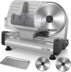OSTBA Electric Meat Slicer with 200W DC Motor, 2 Removable 8.7” Stainless Steel Blades, Adjustable Thickness 0–15mm, Food Tray & Hand Grip, Deli Food Slicer for Meat, Cheese, Bread, Vegetables
