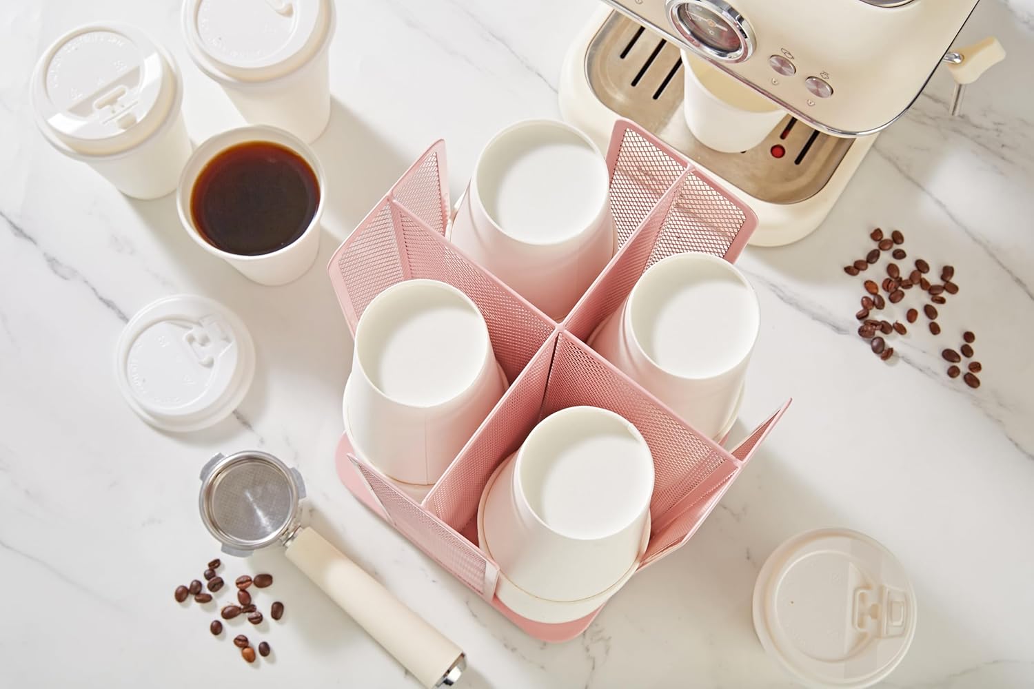 Annova Paper/Plastic Cup and Lid Holder Plastic Storage Organizer, 360°Rotating Coffee Mup Dispenser with 4 Compartments, Multifunctional Storage Rack for Home, Office, Bar, Coffee Shop (Light PInk)