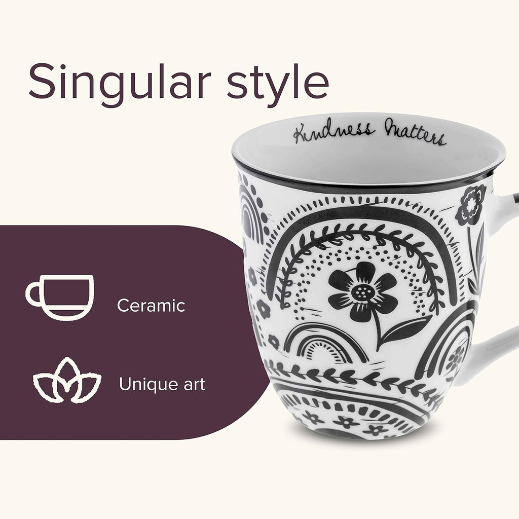 Karma Gifts 16 oz Black and White Boho Mug Rainbow - Cute Coffee and Tea Mug - Ceramic Coffee Mugs for Women and Men, 4.25" x 3.7"