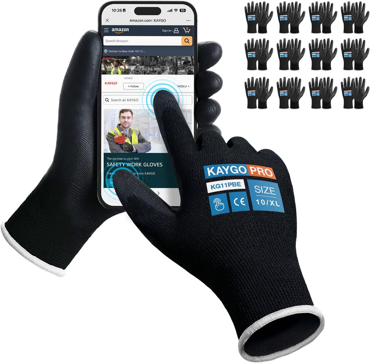 KAYGO Safety Work Gloves PU Coated for Men and Women, 12 Pairs KG11PB, Seamless Knit Glove with Two Fingers Touchscreen, breathable and lightweight Ideal for General Duty Work (XL,Black)