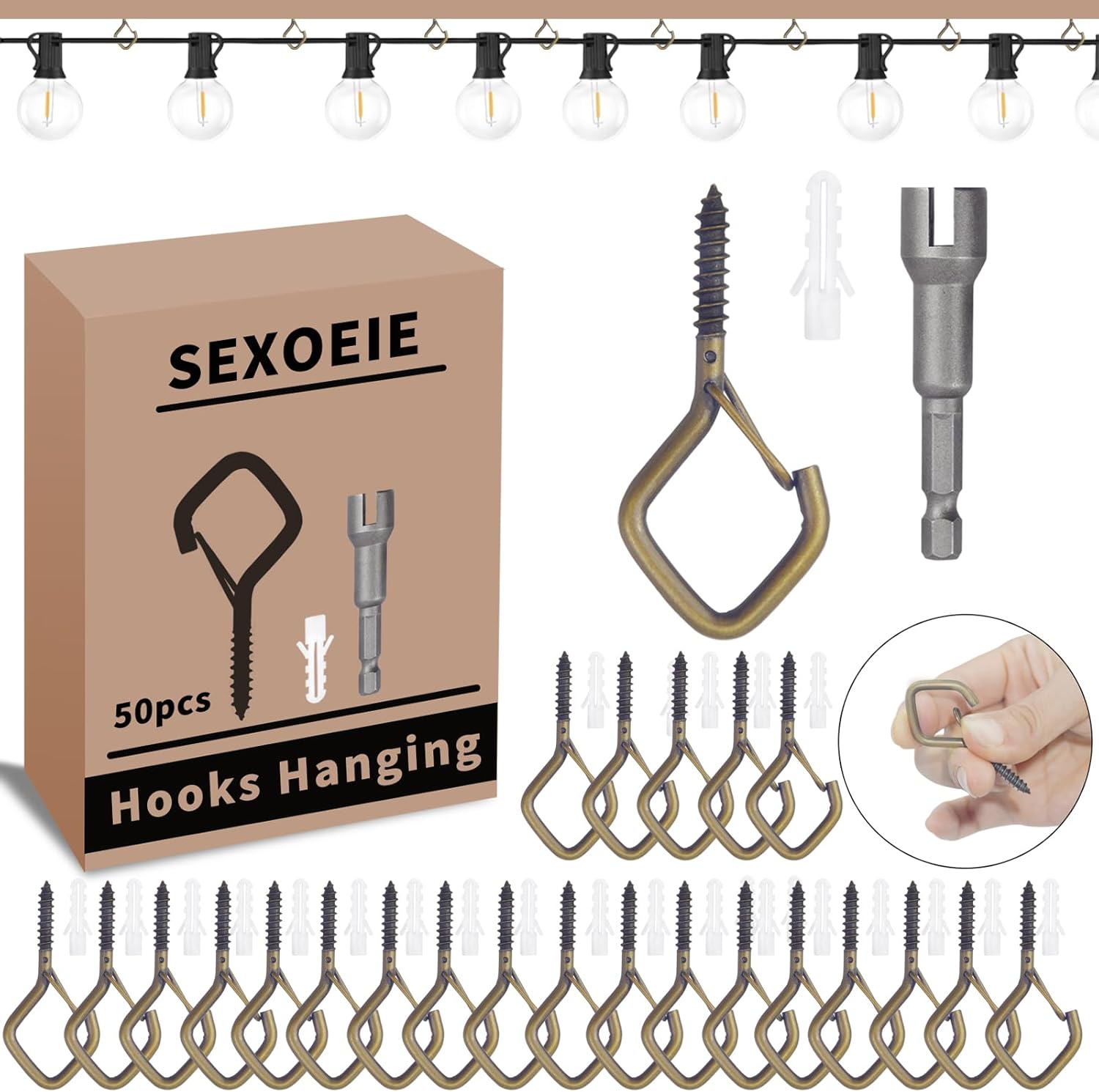 50 PCS Bronze Eye Screw Hooks for Hanging Heavy Duty with Safety Buckle.Metal Ceiling Hooks for Hanging Plants Cup Wind Chime Bird Feeders Patio Lights at Indoor&Outdoor