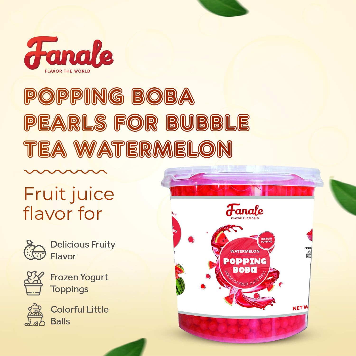 Fanale Watermelon Popping Boba Pearls, Vegan, Non GMO, Gluten Free, Fat Free, Perfect for Bubble Tea, Smoothies, Ice Cream, Desserts, and Beverages.