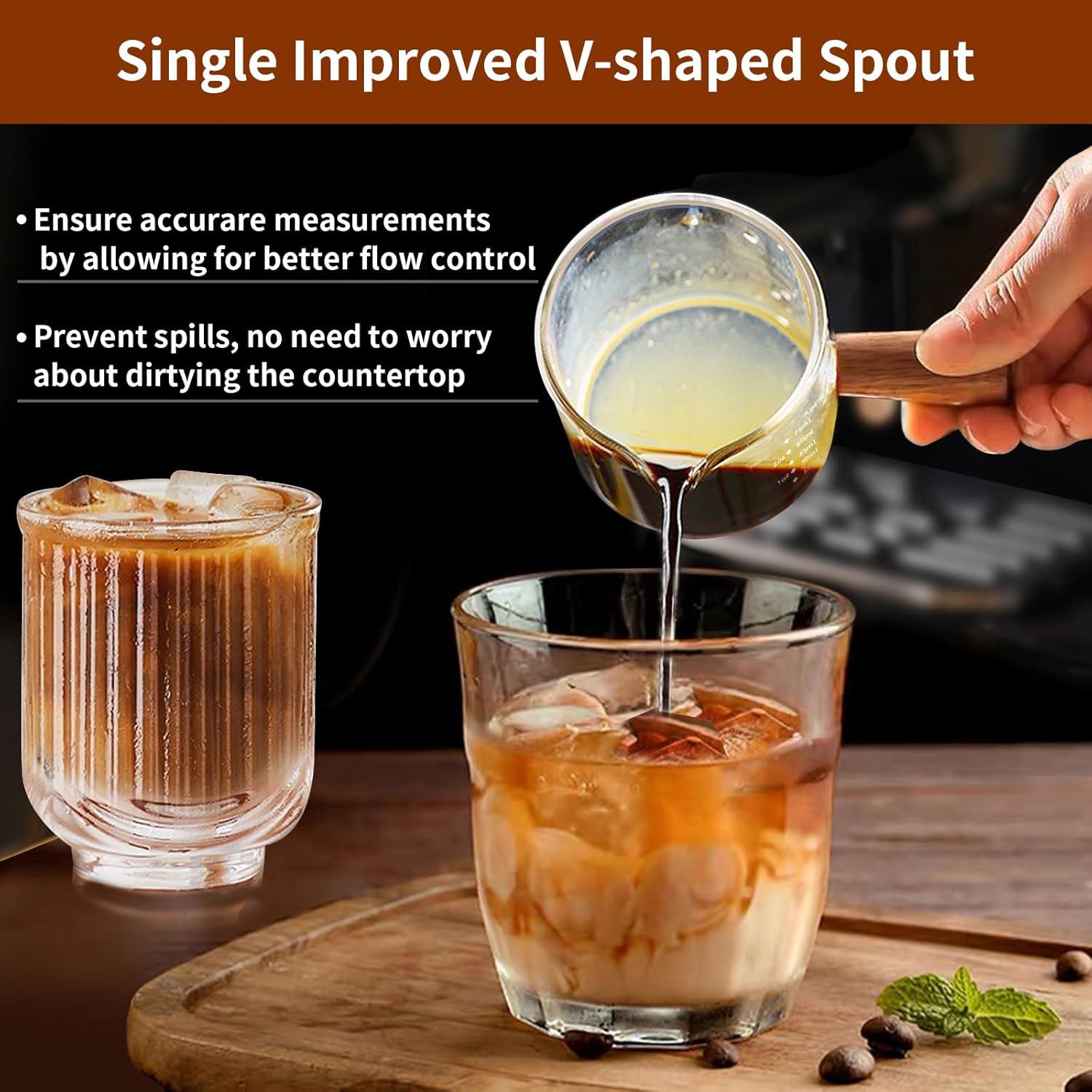 YARRAMATE 3oz Espresso Shots Cup with Wood Handle (2 Pack), Clear Glass Espresso Machine Accessories, Espresso Measuring Cup with Dual Scale, Espresso Shot Glass with Single Spout