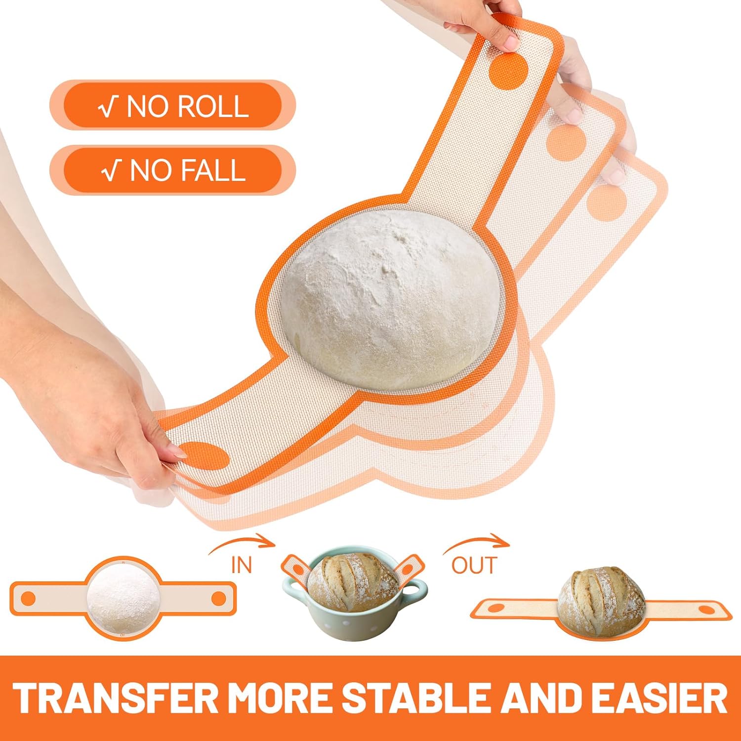 HOTEC Silicone Bread Sling for Dutch Oven - 2 Pack Non-Stick Baking Mat with Long Handle Easy to Transfer Sourdough Bread, Reusable Heat Resistant to 500°F/260°C Dutch Oven Liners Baking Supplies