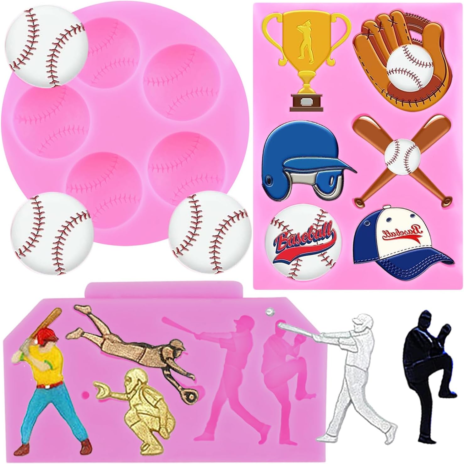 Mujiang Baseball Fondant Molds Sports Theme Silicone Molds Baseball Cap Bat Cake Decoration Mold For Cake Decorating Chocolate Gum Paste Candy Polymer Clay Set Of 3