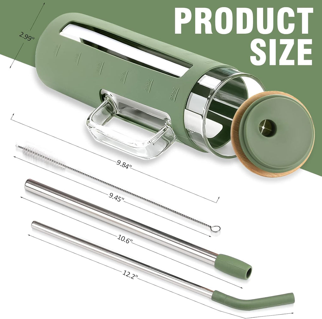 Kodrine Glass Tumbler with Handle, 24 oz Iced Coffee Cup Boba Smoothie Cup, Bamboo Lid Home Office Tumblers, Olive