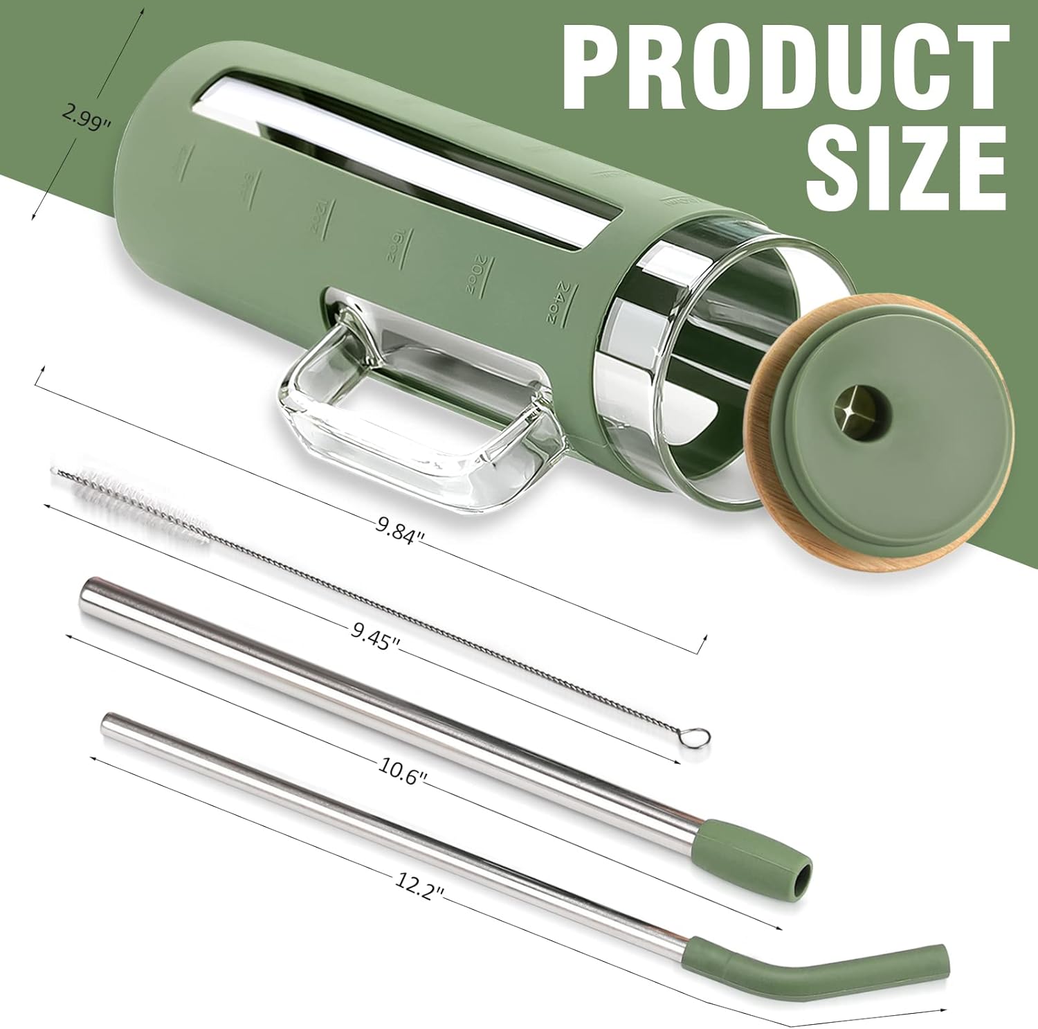 Kodrine Glass Tumbler with Handle, 24 oz Iced Coffee Cup Boba Smoothie Cup, Bamboo Lid Home Office Tumblers, Olive