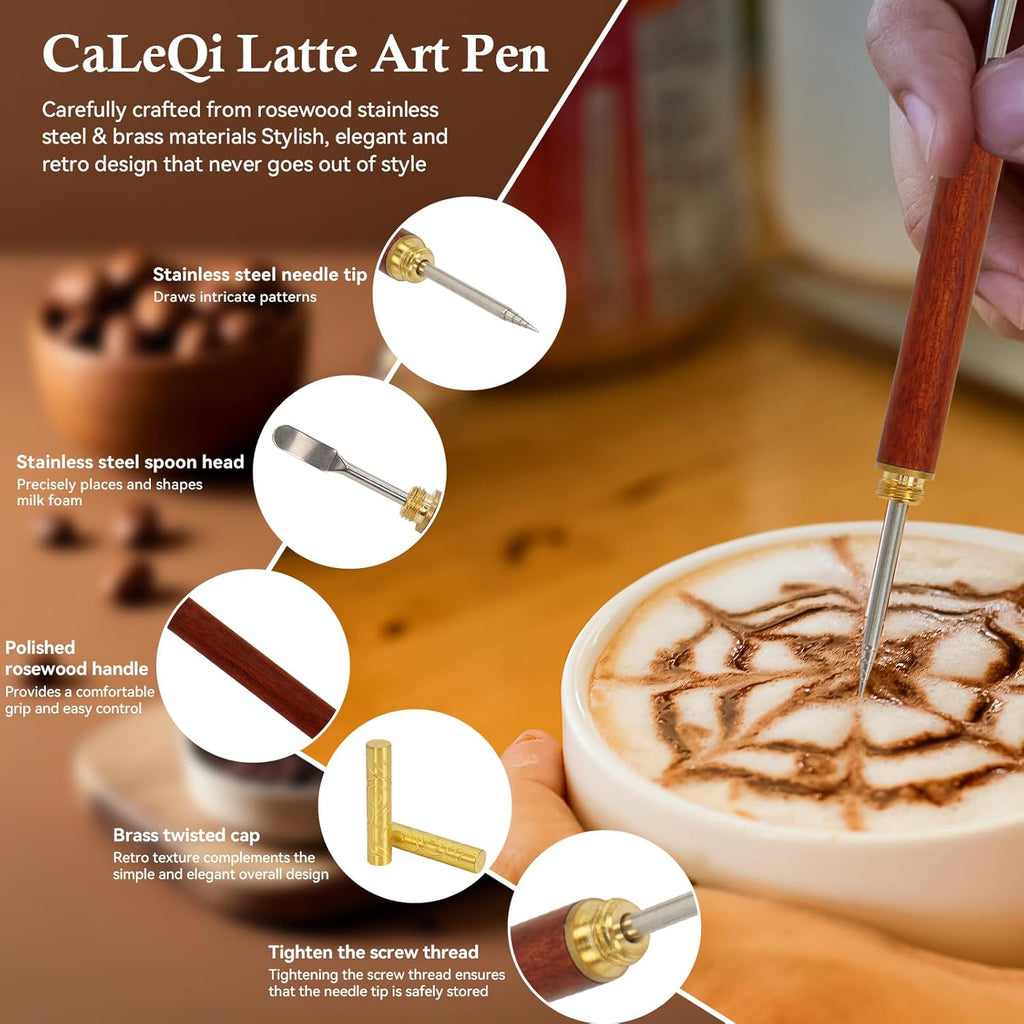 Latte Art Pen 1Pcs,Stainless Steel and Brass with Rosewood Handle of Tools - Barista Tools for Art on Latte,Cappuccino,Espresso - Perfect Coffee Accessories for Coffee Bar