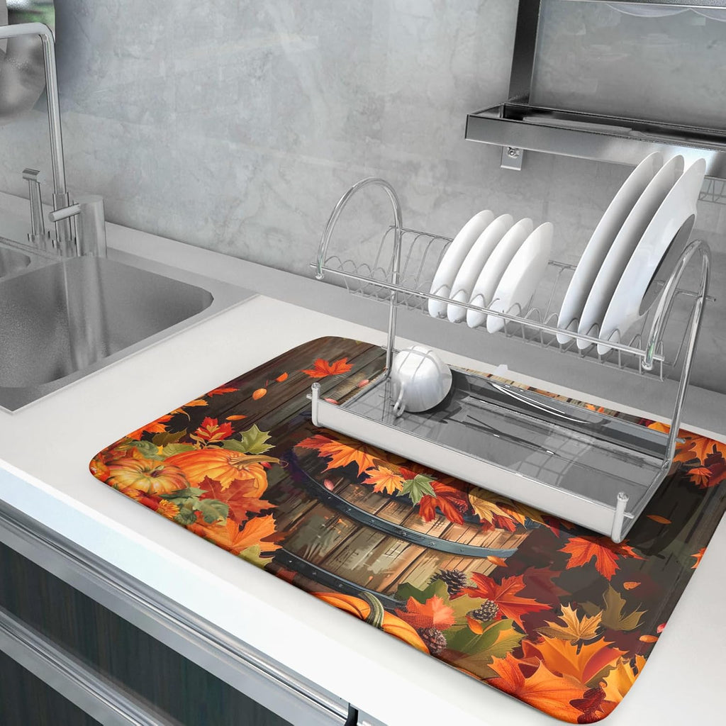 Fall Pumpkin Dish Drying Mat for Kitchen Counter 18x24 Inch Autumn Maple Leaves Microfiber Drying Mats Absorbent Reversible Thanksgiving Day Dish Pad Autumn Orange Dish Mats for Drying Kitchen Decor