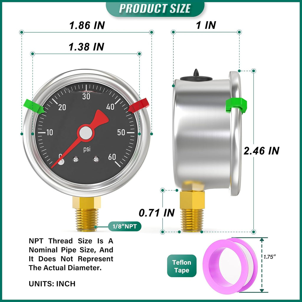 0-60PSI Stainless Steel Glycerin Filled Pressure Gauge 1.5" Black Dial Size, 1/8" NPT Lower Mount, for Tube, Water Pump, Gas, Liquid, Pressure Test (with Range Mark Pointer)
