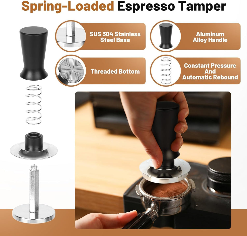 53mm Espresso Accessories Kit – Spring-Loaded Espresso Tamper, WDT Tool, Coffee Distributor, Magnetic Dosing Funnel, Puck Screen with Remover – Premium Stainless Steel & Aluminum Espresso Tools