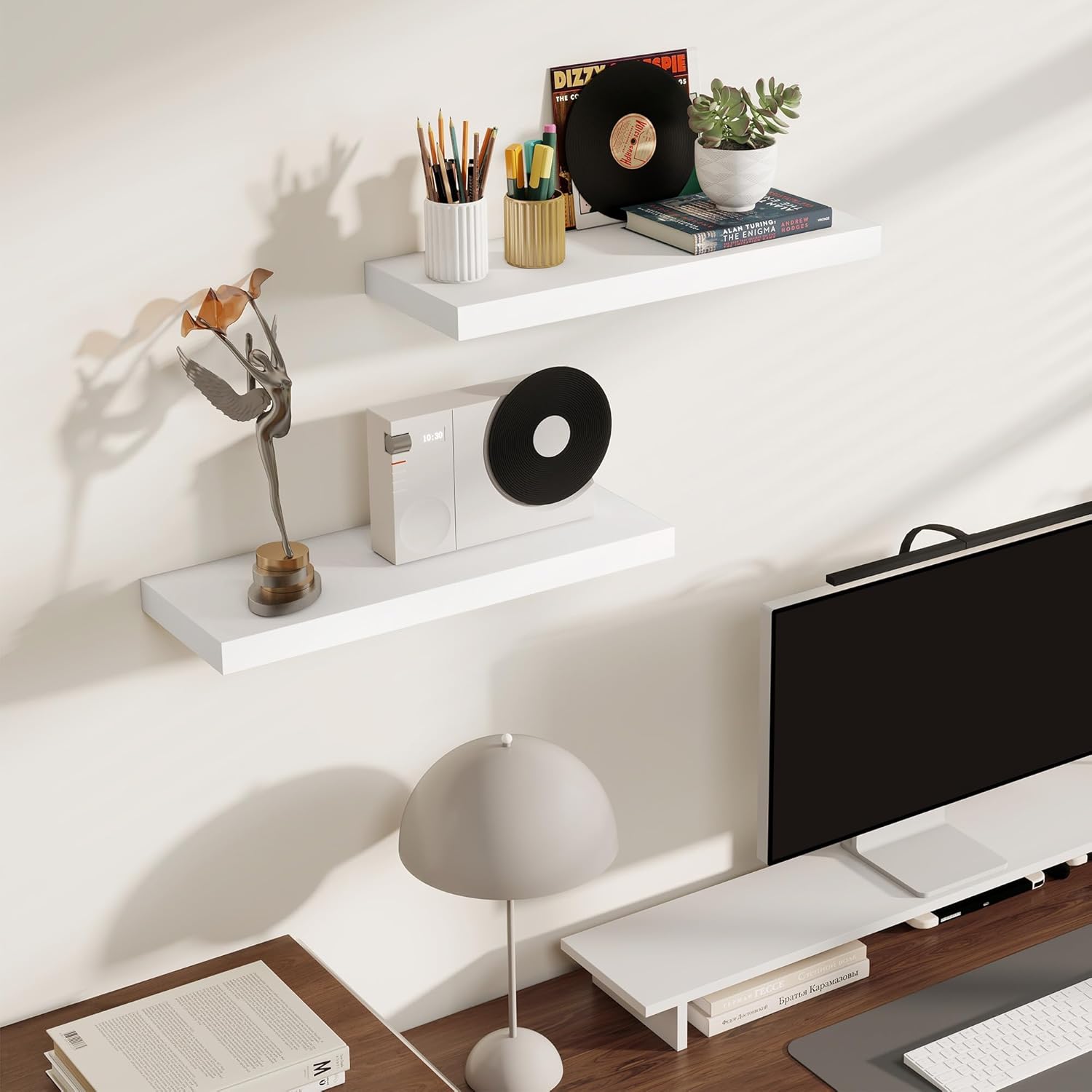 Fun Memories Rustic Floating Shelves for Home Decor, 8 Inch Deep Floating Shelf, Solid Wood Floating Wall Shelves 24 Inch Long, Deep Wall Shelves for Bathroom, Living Room, White Finsh, Set of 2