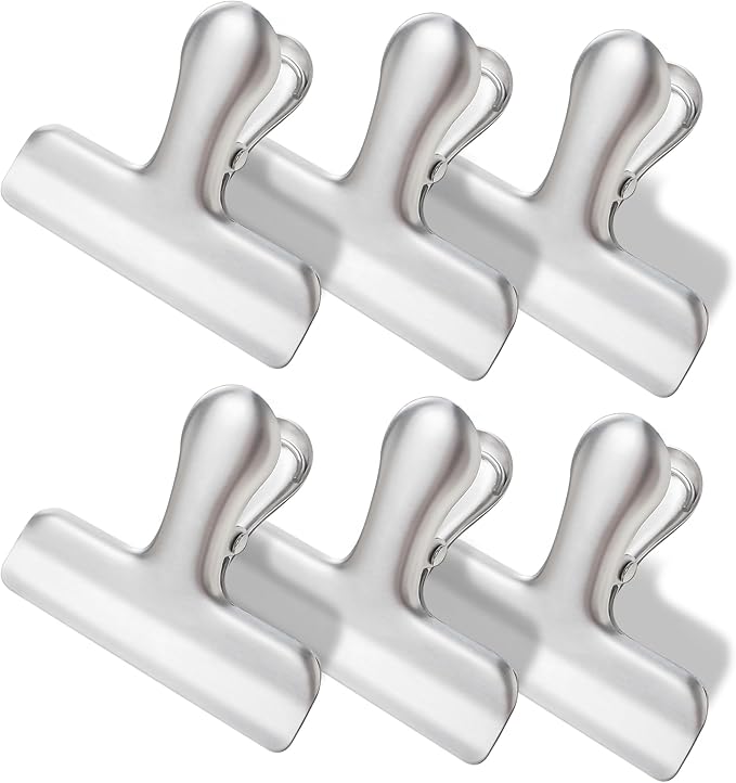 6 Pack Heavy-Duty Stainless Steel Chip Clips，3" Wide Air Tight Bag Clips for Food，Air Tight Seal Food Bag for Kitchen & Home (Silver Finish)