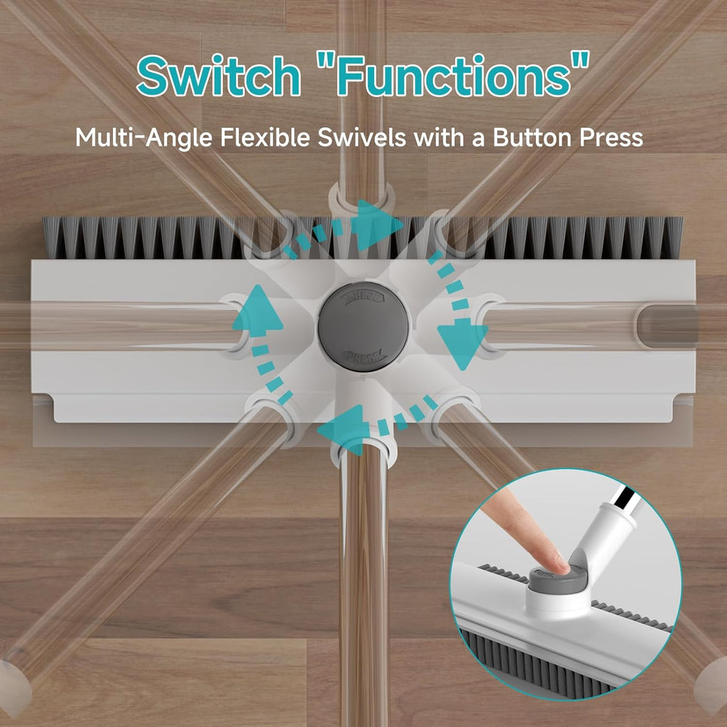 Floor Scrub Brush with Long Handle Length Adjustable, 3 in 1 Heavy-Duty Stiff 90° Bristle Floor Scrubber Broom with Squeegee, for Bathroom, Garage, Kitchen, Tile, Deck & Patio (White)