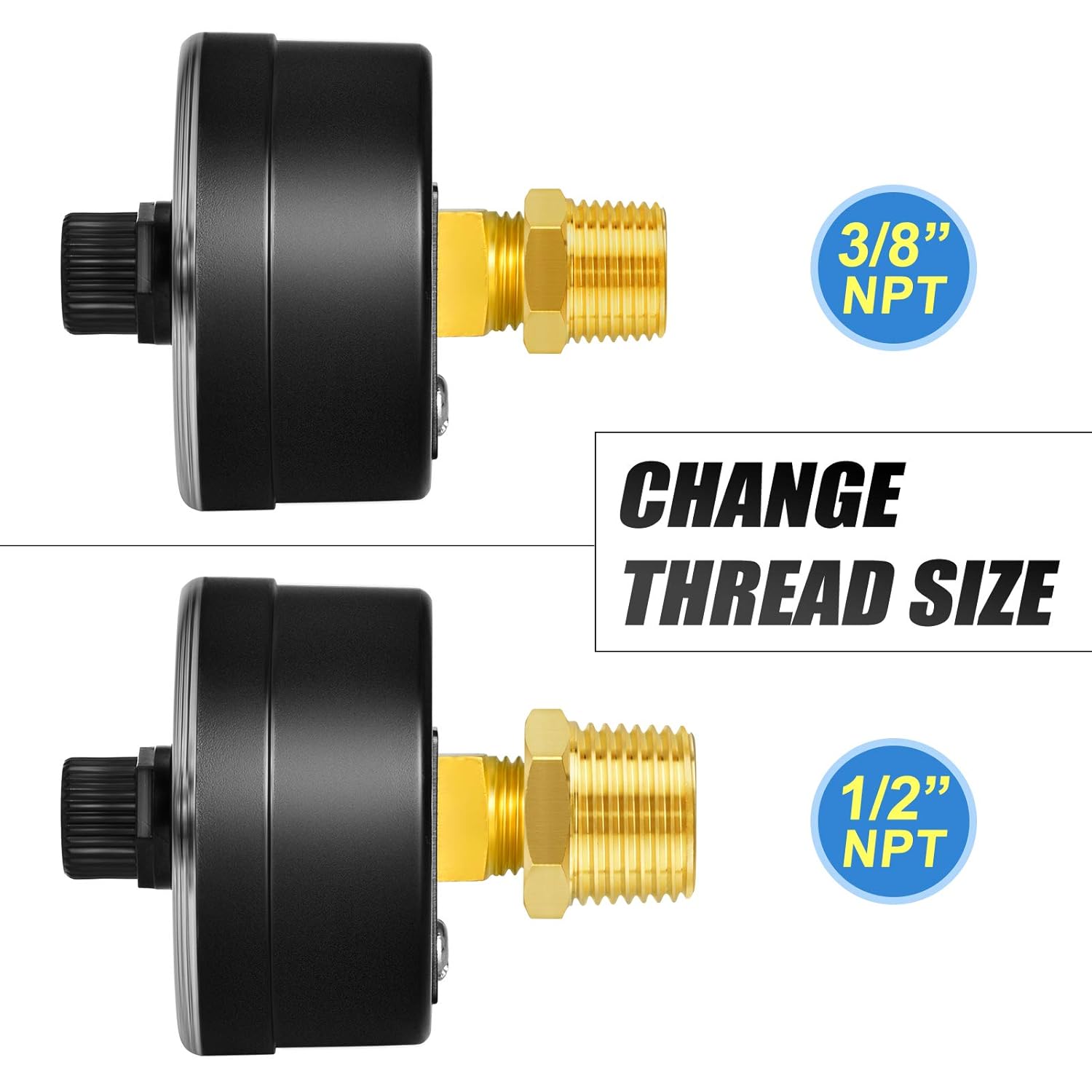 MEANLIN MEASURE 0-60Psi 1/4" NPT Pressure Gauge Box with dial for selecting Filter, 3-2-3% Accuracy, Center Back Mount, with 1/2" NPT and 3/8" NPT Hex Bushing