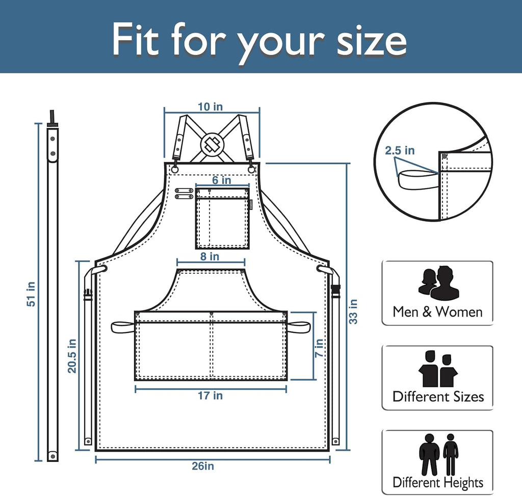 5 Pack Kitchen Apron, Work Apron, Canvas, Multiple Pockets, Gardening, Painting, BBQ, Artist, Carpenter, Sizes M to XXL, Blue