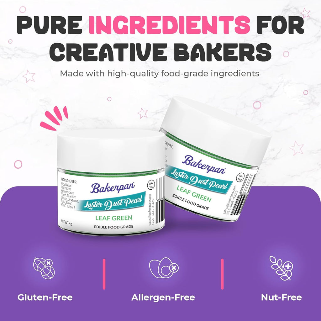 Bakerpan Pearl Luster Dust Edible, Leaf Green Edible Glitter for Cocktails, Set of 2-4 Grams Glitter for Cake Decorating, Cookies, Chocolates and Candies, Drinks (Made in USA)