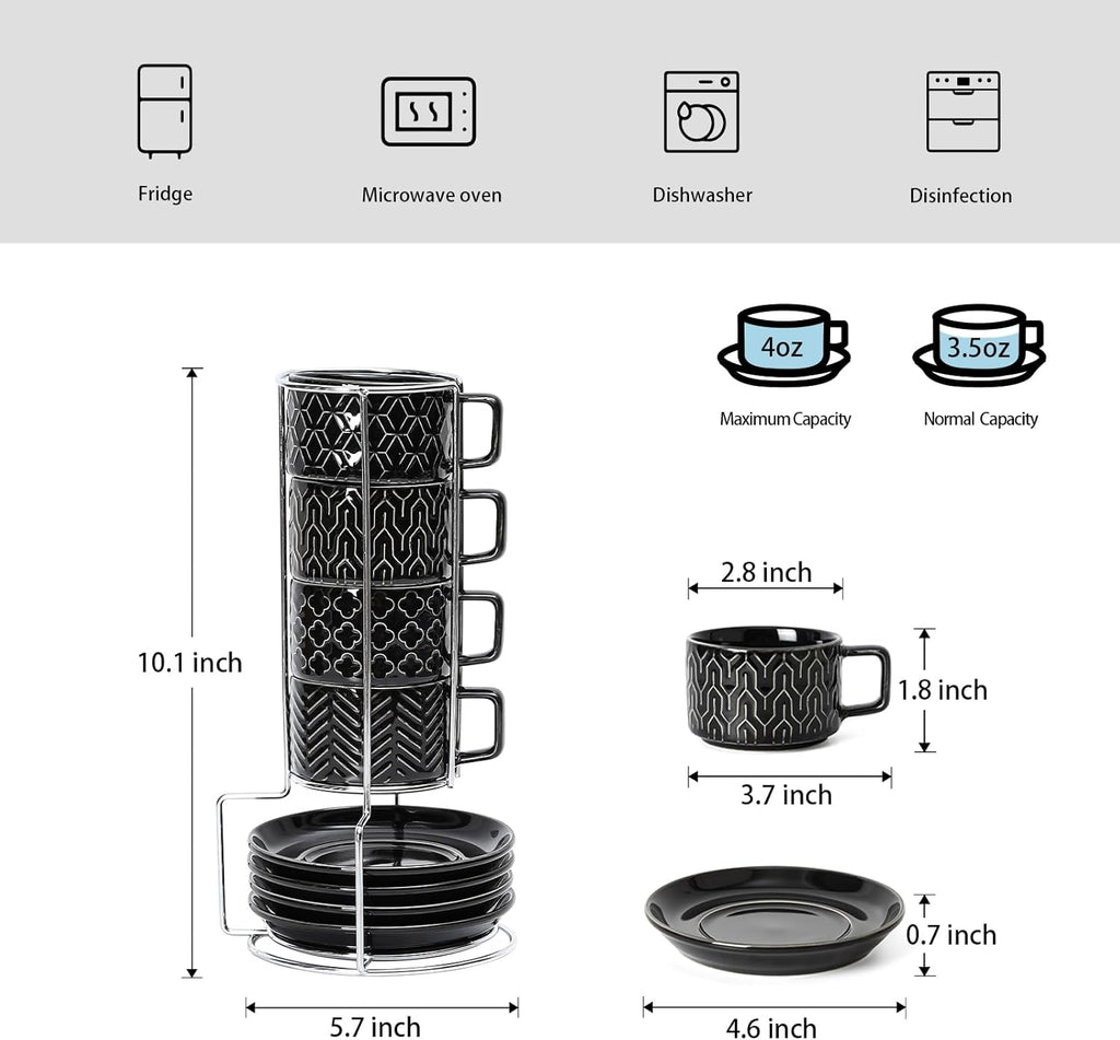 Sureasy Ceramic Espresso Cups Set of 4 – 4 oz Black Stackable Cappuccino Cups with Saucers and Metal Stand, Embossed Mugs for Latte, Mocha, Tea, and Specialty Coffee