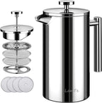 French Press Coffee Maker, 1.5L Double Insulated 304 Stainless Steel Tea Maker 4 Level Filtration System, No Coffee Grounds, Rust-Free, Dishwasher Safe 50oz Coffee Press for Family Party