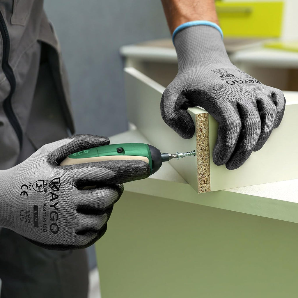 KAYGO Safety Work Gloves PU Coated-12 Pairs, KG11PB, Seamless Knit Glove with Polyurethane Coated Smooth Grip on Palm & Fingers, for Men and Women(X-Large (Pack of 12), Grey)