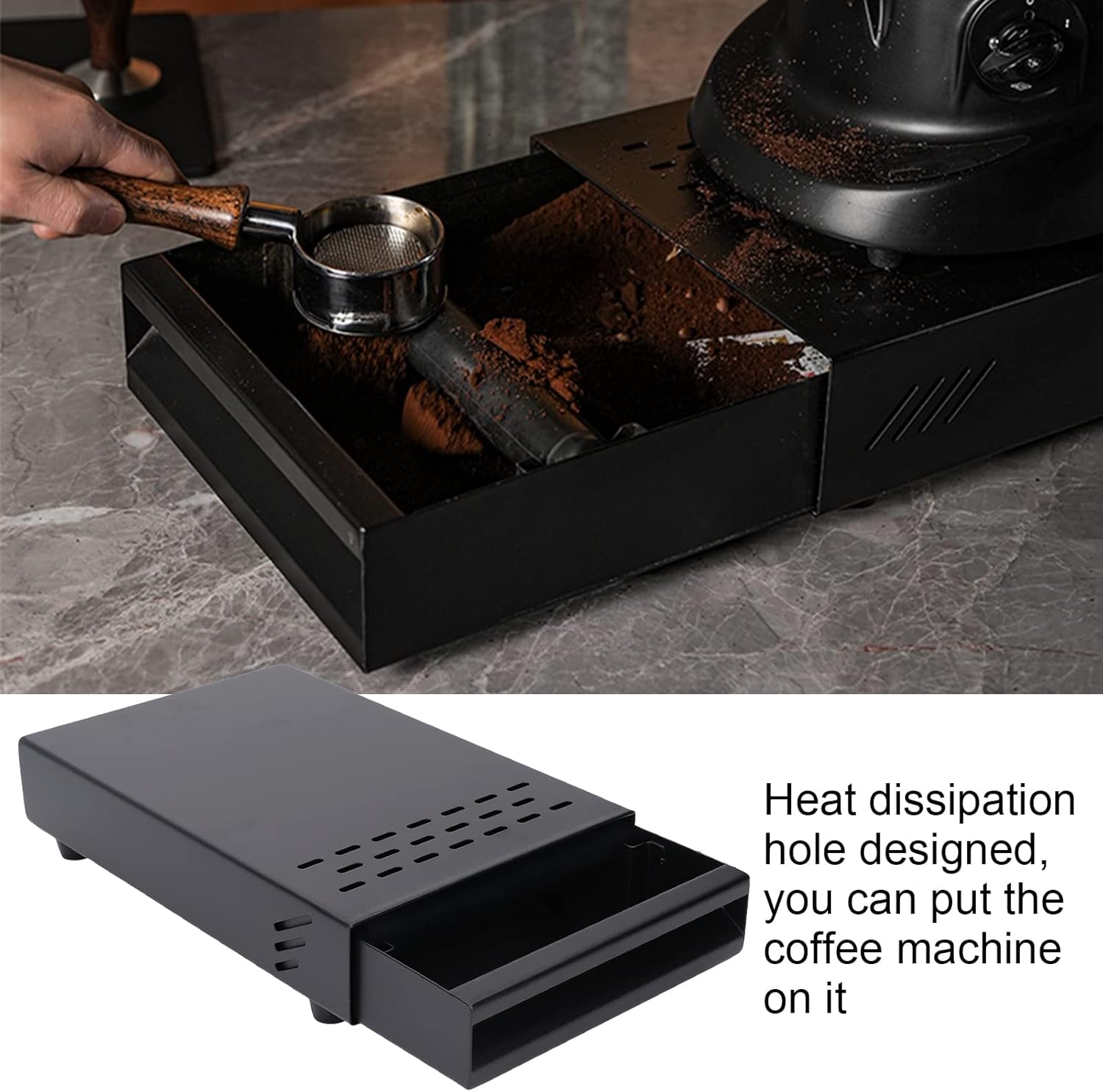 Coffee Knock Box Drawer, Stainless Steel Thickened Coffee Machine Grinder Discarded Coffee Grounds Coffee Powder for Coffee Shop Restaurant Home Bar, 7.1 x 11 x 2 in (Black)