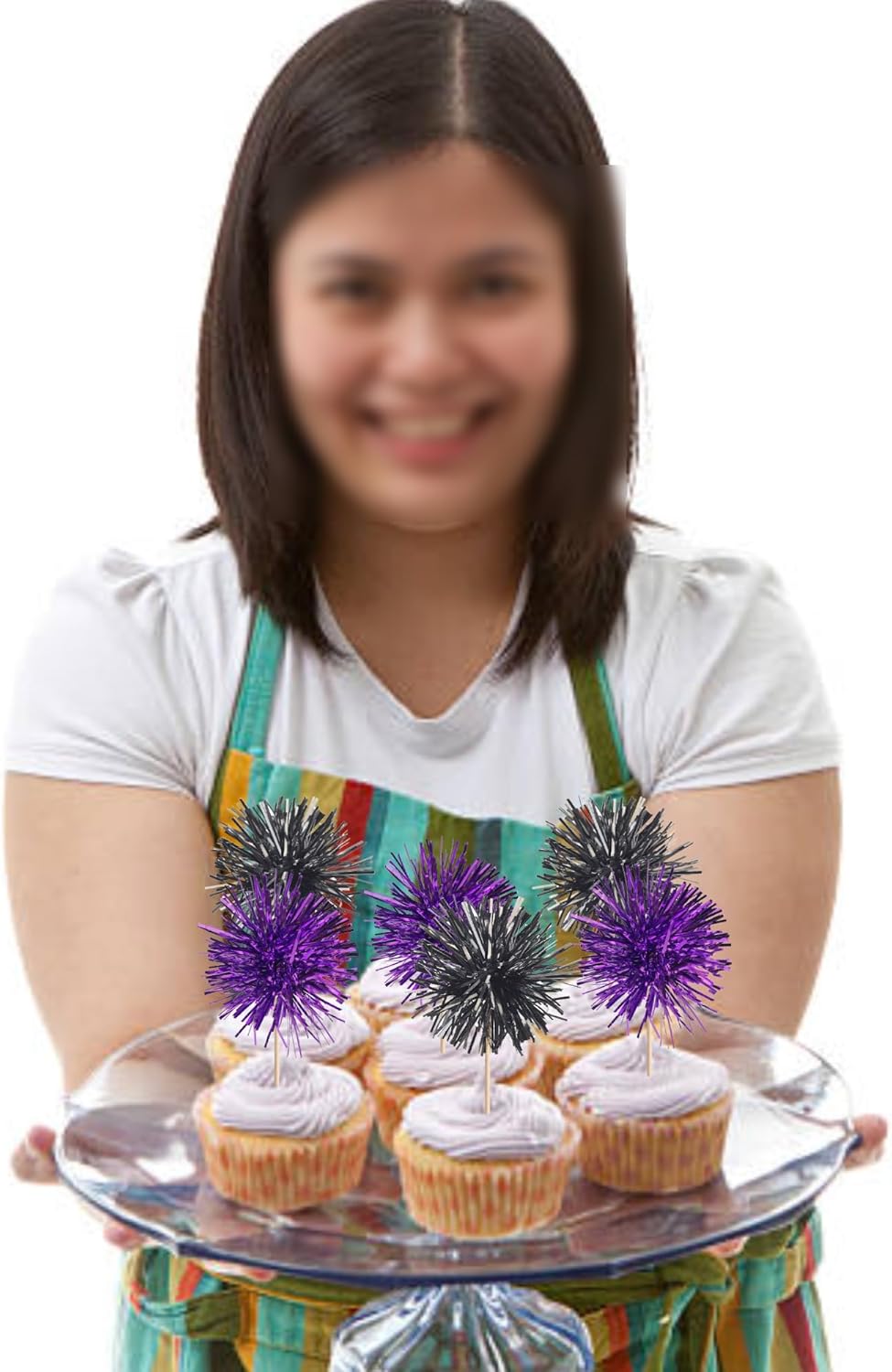 40 PCS Foil Firework Cupcake Toppers Sparkle Tinsel Cupcake Picks Fireworks Birthday Party Decorations Cocktail Fruit Toothpick for Birthday Wedding Graduation Party Decorations Supplies Black Purple