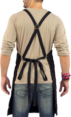 Under NY Sky Cross-Back Deep Black Apron - Durable Twill with Leather Reinforcement and Split-Leg - Adjustable for Men and Women - Pro Chef, Tattoo, Baker, Barista, Bartender, Stylist, Server Aprons